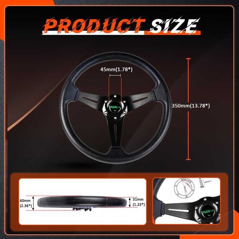 RASTP Universal Racing Steering Wheel 13.8â€/350mm 6 Bolts Grip Vinyl Leather & Aluminum with Horn Button for Car -Black - Image 5